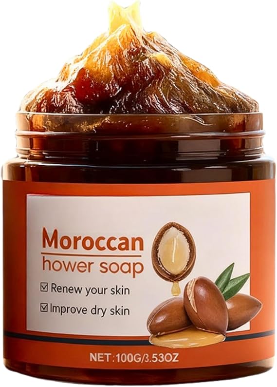 Moroccan Black Soap Paste with Argan & Olive Oil - Traditional Hammam Scrub for Deep Cleaning & Exfoliating - Moisturising & Purifying Body Wash for Soft Skin -Vegan, Natural,All Skin Types,100G