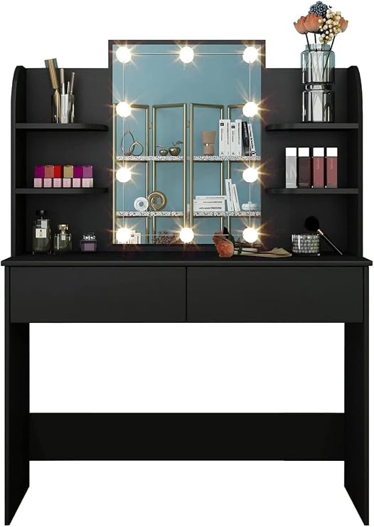 Dressing Table,Modern Makeup Table with LED Lights,Mirror,2 Drawers,6 Open Shelves,Makeup Desk Vanity Table for Girls(Not Included Stool) (Black)