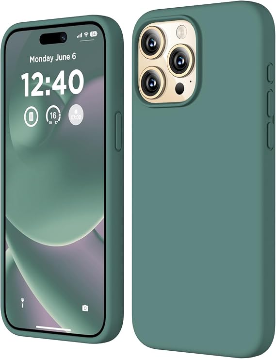 URUCHI iPhone 15 Pro Max ile Uyumlu Kılıf, İçi Kadife Kaplamalı İnce Sıvı Silikon Tam Koruma Yumuşak Jel Silikon Kapak, Koyu Yeşil