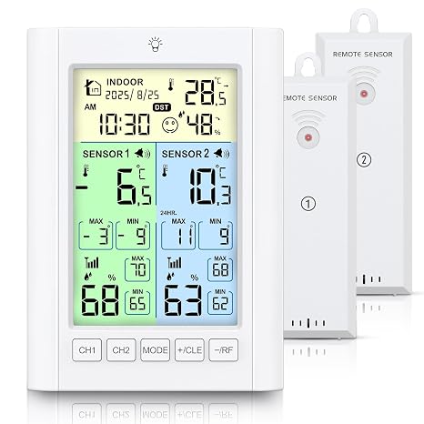 Brifit Fridge Thermometer with 2 Sensors Digital Freezer Thermometer with Temperature Alarm Colour Display Backlight Max/Min DST Time Calendar ℃/℉ Dual Power Mode for Family