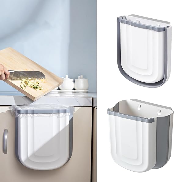 Mutfak Tezgahı için Küçük Katlanabilir Asma Mutfak Çöp Kutusu, Dolap için Plastik Çöp Kutusu, Mutfak, Banyo, Yatak Odası için Duvara Monte 2,4 Galon Çöp Sepeti (Gri)