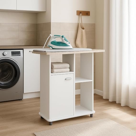 Ironing Cabinet White with Graphite Grey Top – 90 x 36.5 x 91 cm – Wardrobe with Inner Shelf and Silver Grey Handles – Modern and Functional Design