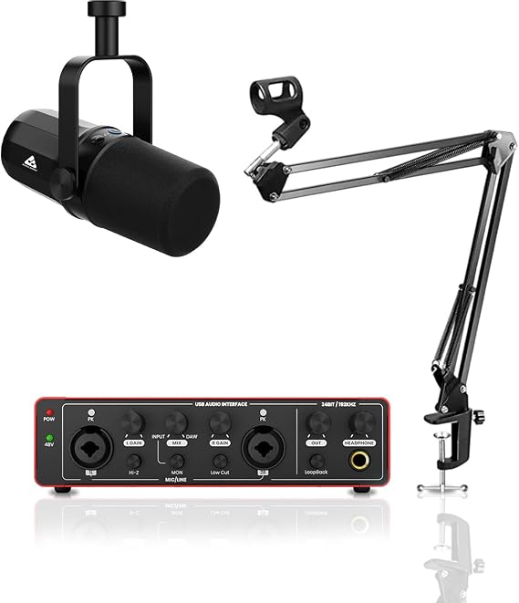 Audio Array Complete Podcast Bundle | USB/XLR Dynamic Mic with Audio Interface 24bit/192kHz & Boom Arm Stand | Professional Streaming & Recording Kit for PC, Mac & Mobile Devices - PB-02