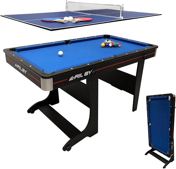 Riley 5ft Folding Pool Table - Supplied with Balls & Cues & Matching Table Tennis Top, Bats & Net - Vertical Folding Leg System for Easy Storage - Converts into Desk