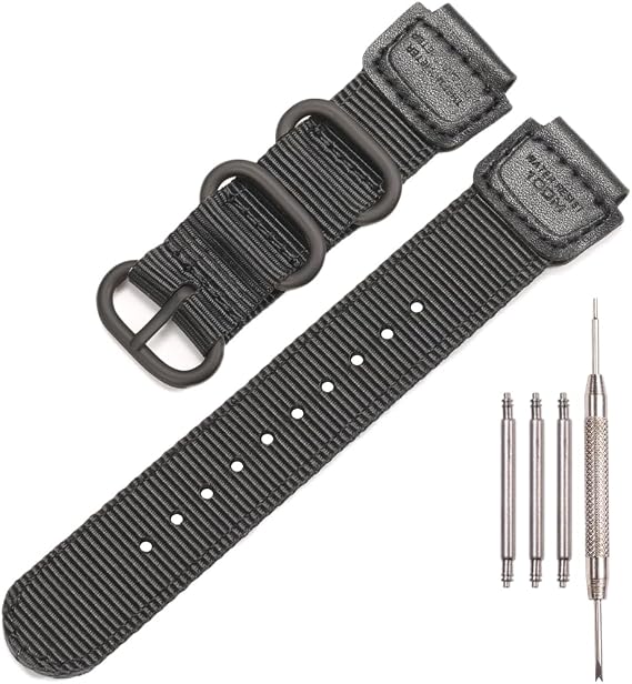 Nylon strap Compatible with Casio W735H AQS810 AEQ110BW AE1200WH W800HG A158WA heavy duty metal ring watch band 18mm replacement wirstband (Black Black buckle)
