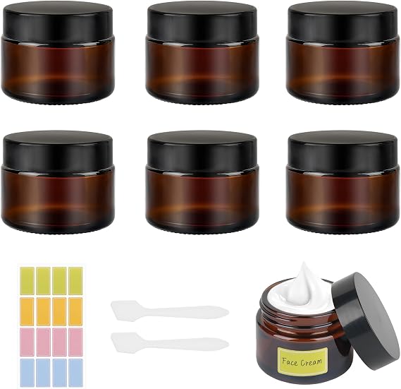 50ml Amber Glass Jars, Empty Cosmetic Pots with Lids,6 Pack