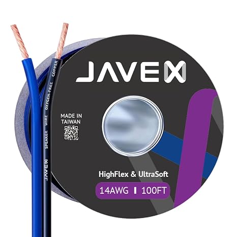 JAVEX Speaker Wire 14-Gauge [2.11mm2] [0.16mm Strands Oxygen-Free Copper 99.9%] Stranded Copper, Blue/Black, Cable for Hi-Fi Systems, Amplifiers, AV receivers and Car Audio Systems, 30.5M [100FT]