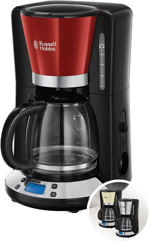 Russell Hobbs Colors+ digital coffee machine, red, programmable timer, 1.25 l glass jug, up to 10 cups, hot hold plate, automatic shut-off, 1100 W, filter coffee machine 24031-56