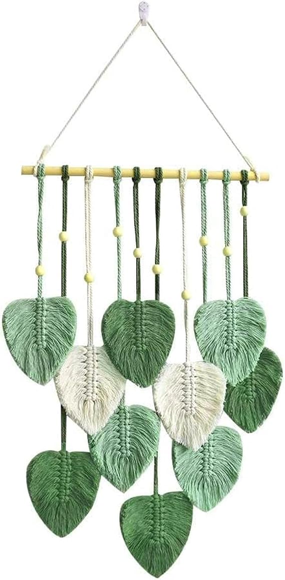 Macrame Wall Hanging Green Leaf Tassel Tapestry, Chic Home Decor