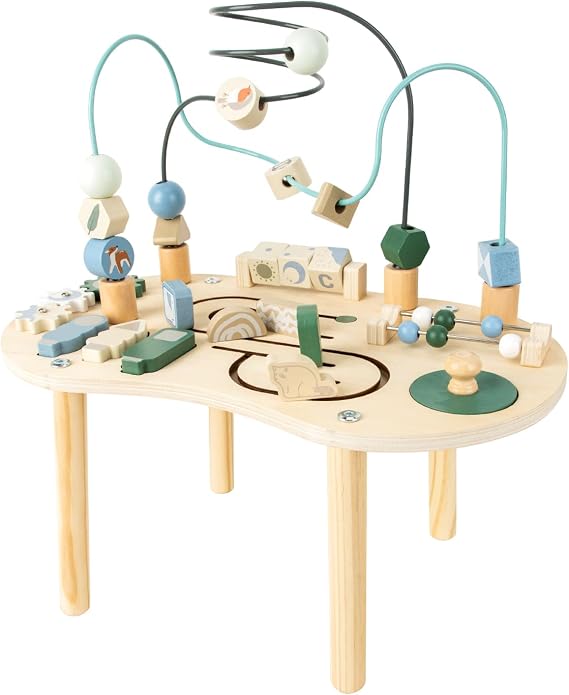Wooden Activity Table for Kid: 7 IN 1 Montessori Toy for Toddler 1 2 3 Year Old with Bead Maze,Shape Sorter and Orbit Maze - Educational Sensory Game & Gift