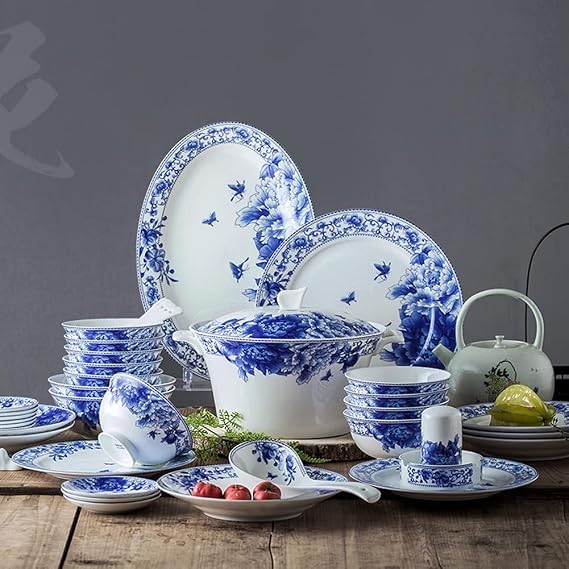 56-Piece Dinnerware Sets, Chinese Plate and Bowl Set, in-Glaze Color Bone China, Dishwasher and Microwave Safe, for 10 People