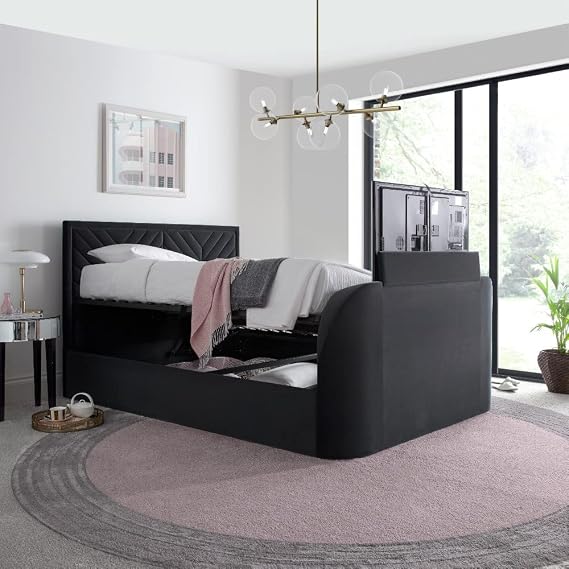 happybeds Sherlock Grey Velvet Ottoman TV Bed, 5ft King, TV Lift