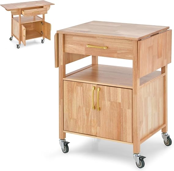 GiantexUK Kitchen Island on Wheels, Rolling Serving Trolley with Large Drawer, Open Shelf, 2-Doors Cabinet & Drop Leaf Countertop, Mobile Storage Cart for Dining Living Room Coffee Bar