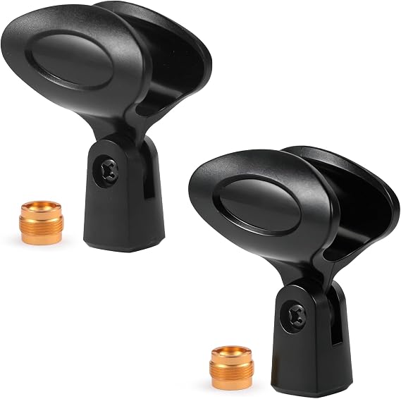 Adjustable Microphone Clip for Stand, Universal Mic Clip for Wireless Handheld Microphones, Includes Screw Adapters 5/8" Male to 3/8" Female, Black, 2 Pack