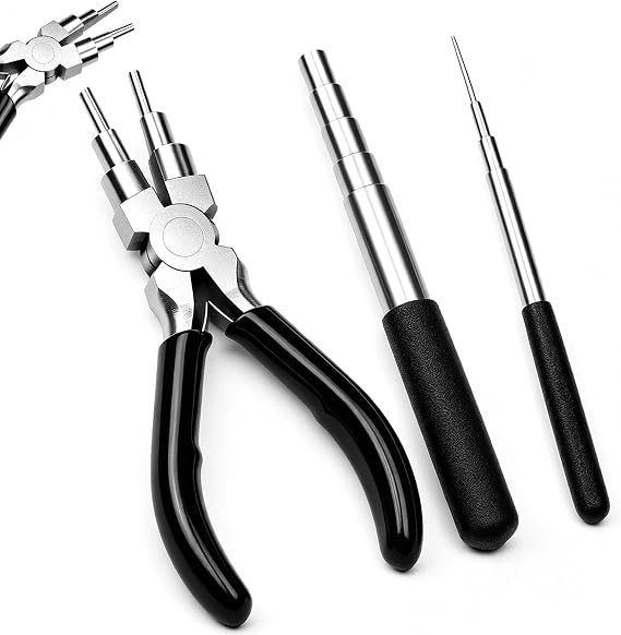 Wire Wrapping Tool Set, 3PCS Jewellery Making Supplies with 2PCS Mandrels (1.5-10mm) & 6-in-1 Wire Looping Pliers, Ring Bender & Jump Ring Forming Tool Kit for DIY Jewelry, Crafting