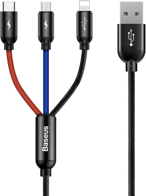 Baseus 3 in 1, Lightning için Şarj & Data Aktarım, Micro USB & USB-C için Şarj Kablosu, 0.3 Metre, Siyah
