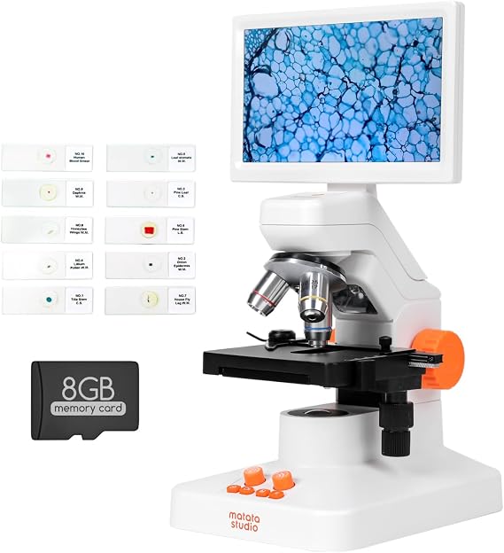 MT3-4 4K Wireless Digital Microscope for Kids Adults 1200X Professional Biological Microscope with 7" 1080P Screen 5MP CMOS 3D Stage Slide Set with Sample for School Lab Home Education