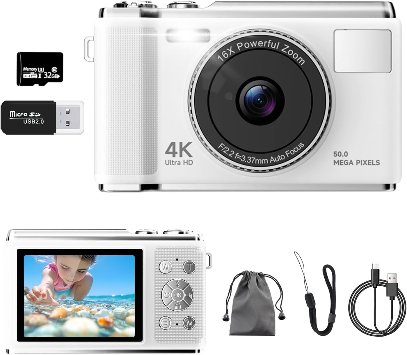 Digital Camera, UHD 4K 50MP Autofocus Vlogging Camera with 32GB SD Card, Anti-Shake, 2.83'' LED Screen, 16X Zoom, Large Rechargeable Battery, Compact Digital Camera for Kids Students Beginners