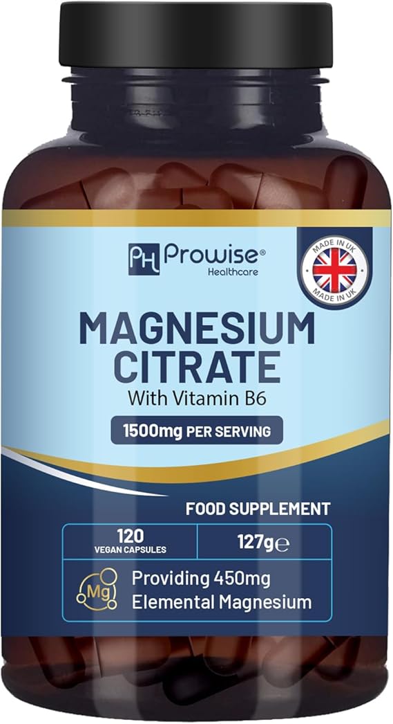 Magnesium Citrate Capsules 1500mg with Vitamin B6 | 120 Vegan Capsules | 450mg Elemental Mg | High Strength Magnesium Supplements for Women & Men | Capsule not Tablets | Made in UK by Prowise