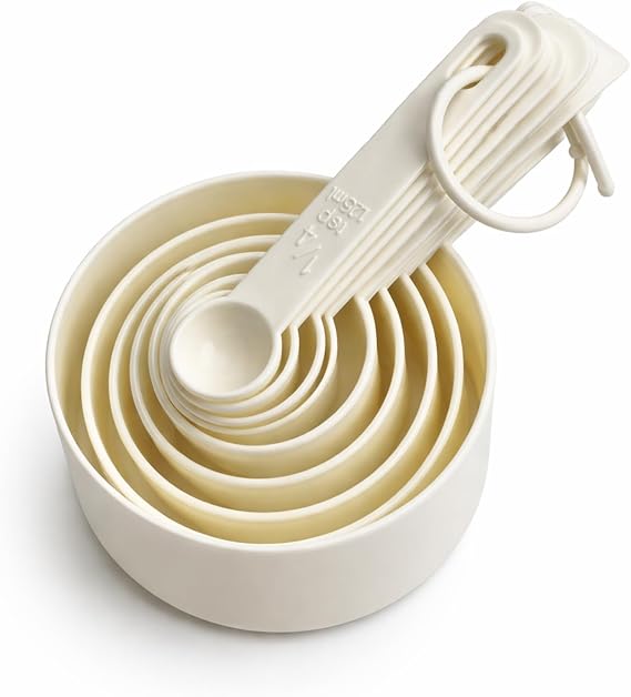 Measuring Spoons and Cups Set, 10-Piece Plastic Measuring Tools for Baking and Cooking, Precise Ingredient Measurement in Compact Kitchen Storage, Dishwasher Safe Cream Coloured OPP Bag Packaging
