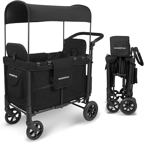 WONDERFOLD W2 Original Double Stroller Wagon Featuring 2 High Face-to-Face Seats with 5-Point Harnesses, Easy-Access Front Zipper Door, and Removable UV-Protection Canopy, Black