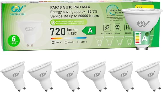 GY GU10 LED Bulb 4W (Equivalent to 60W), Warm White Light 3000K, 720 Lumens, 110° Beam Angle, Non-Dimmable, Energy Saving Bulb Class A, Pack of 6 [Energy Class A]