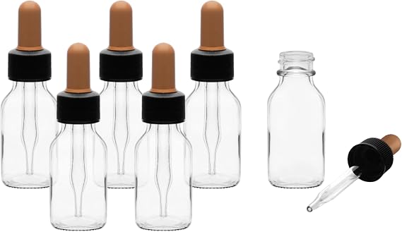 EISCO 6 Pack 30ml 1oz Clear Soda Glass Drop Bottles with Screw Cap Glass Dropper and Rubber Bulb Lab