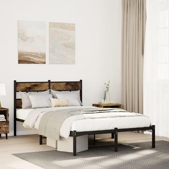 Small Double Bed Frame 120 x 190 cm Metal & Smoked Oak Slatted Base Black Sturdy Bedroom Furniture 196 x 125 x 91.5 cm Easy Assembly for Guest Room Teen Loft