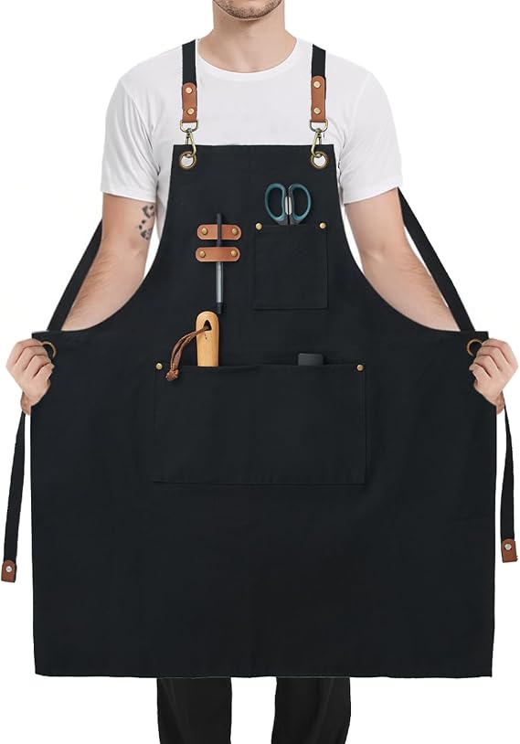 Plus Size Canvas Aprons, Kitchen Chef Aprons, Heavy Duty Work Bib Aprons for Men Women, Adjustable Cross Back Strap Aprons with Large Pockets for Cooking Gardening BBQ