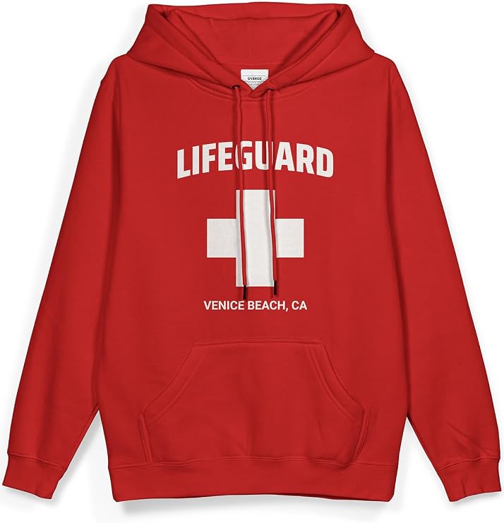 Lifeguard Baskılı Kapüşonlu Yarı Oversize Sweatshirt Hoodie, L, H1410, Kırmızı, üniseks-yetişkin