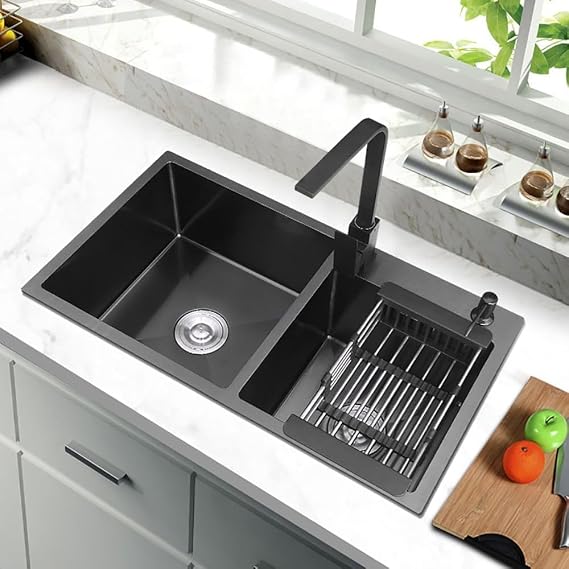 Black Double Bowl Kitchen Sink Stainless Steel Sink Topmount Undermount Handmade Kitchen Sink Workstation Kitchen Sink with Drain Tray Prep Sink Double Bowl 2-Holes Kitchen Sink for Restaurant