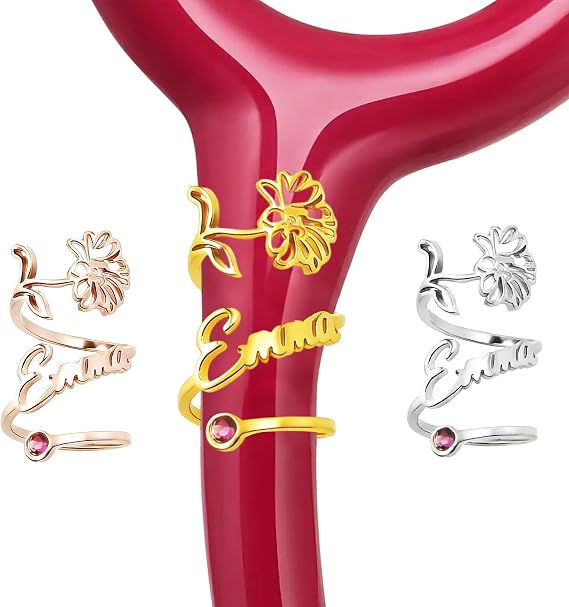 Iwe Personalised Stethoscope Name Tag - Stethoscope Charms, Stethoscope ID Tag for Medical Professionals Doctor Nurse (Birth Flower + Birthstone Name tag)