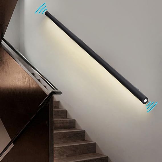 Wall Handrail with Motion Sensor Light, Hand Railing with LED Light, Sturdy Safety Stairs Handrail for Indoor Stairs, Matte Black (Size : Right-31 (80cm))