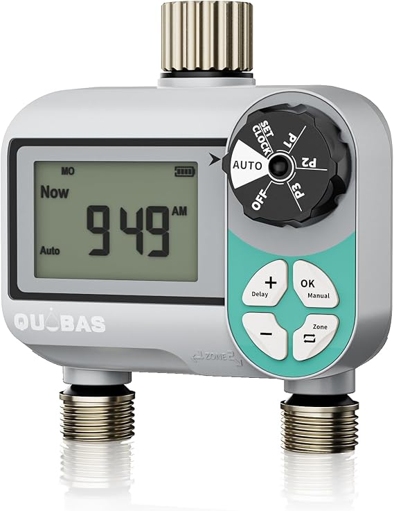 Quobas クォーバス スプリンクラータイマー ガーデンホース用 週間プログラム可能なデジタルウォータータイマー 雨遅延/自動/手動3モード 点滴灌漑システム プール バッテリー駆動 2ゾーン