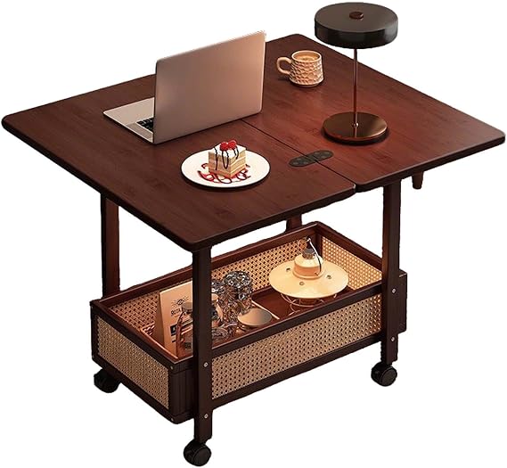 Folding Coffee Table with Wheels Rolling Mobile Tea Table on Wheels Foldable End Table Portable Sofa Side Table Small Movable Coffee Table for Living Room Bedroom Balcony