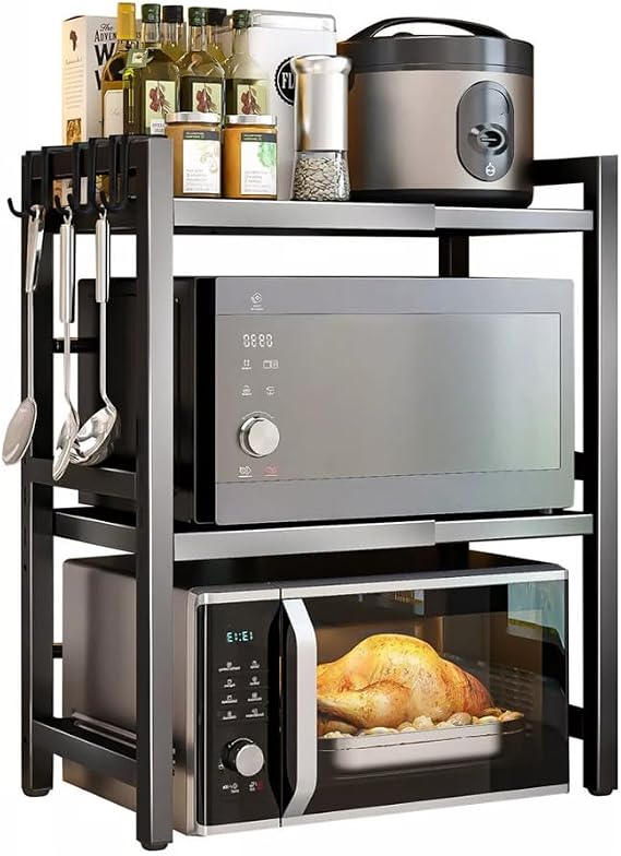 Rainbow Tree 3-Tier Expandable Microwave Oven Rack Countertop for Kitchen, Microwave Shelf Stand Metal with 6 Hooks, Baker Rack, Adjustable Kitchen Shelf Organizer Black (Black, 3-Tier)