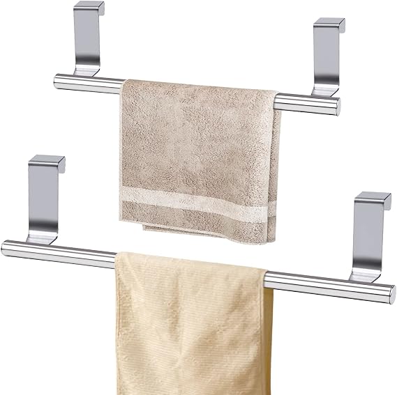 2 Pcs Stainless Steel Towel Holder, Over Door Towel Rail with Protective Strip, Towel Bar Holder, Silver Dish Towel Rack for Kitchen Bathroom Cupboards Drawer, 23.5cm and 36cm (1*Large+1Small)