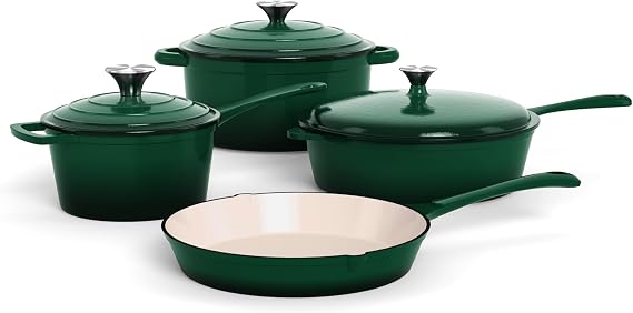 Kitchen Academy, Enameled Cast Iron Cookware Set, 7 PCS Set of Dutch Ovens