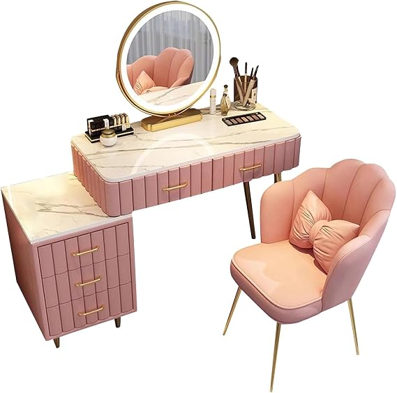 Dressing Table with 45cm Round Mirror, 3 Lighting Modes Velvet Chair and 5 Drawers Storage, Multifunctional Pink Vanity Makeup Table for Bedroom