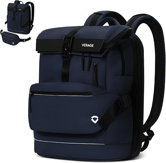 Verage Roll Top Laptop Backpack Waterproof PU Lather Travel Backpack Expandable Work Carry On Backpack for Men Women, Blue, One Size, Classic