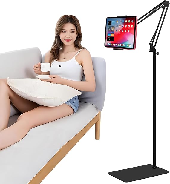 Tablet Floor Stand with Double Weight Base, Overhead Bed Phone Holder, Height & Arm Adjustable, Compatible with 4.5''-13'' iPhone, iPad, Galaxy Tab, Kindle, or Other Phones