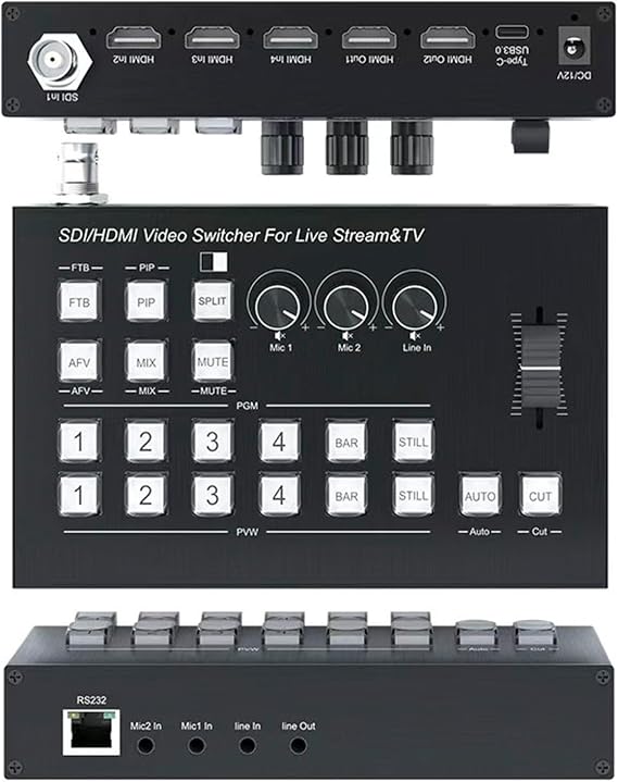 HDMI Video Switcher 1SDI/3HDMI Input 2HDMI Output 4K Multi Camera Live Streaming Seamless Switch with 2MIC/LINE in/LINE Out Audio Mixer,USB-C 3.0 Capture Support PGM PVW PIP OSD HD Controller etc