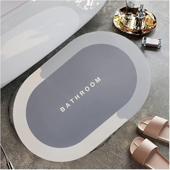 Banyo Paspası Süper Su Emici Kaymaz Tabanlı Paspas Banyo Paspası Oval Diatomit Paspas Süper Emici Paspas Oval (60x39cm) (Gri)