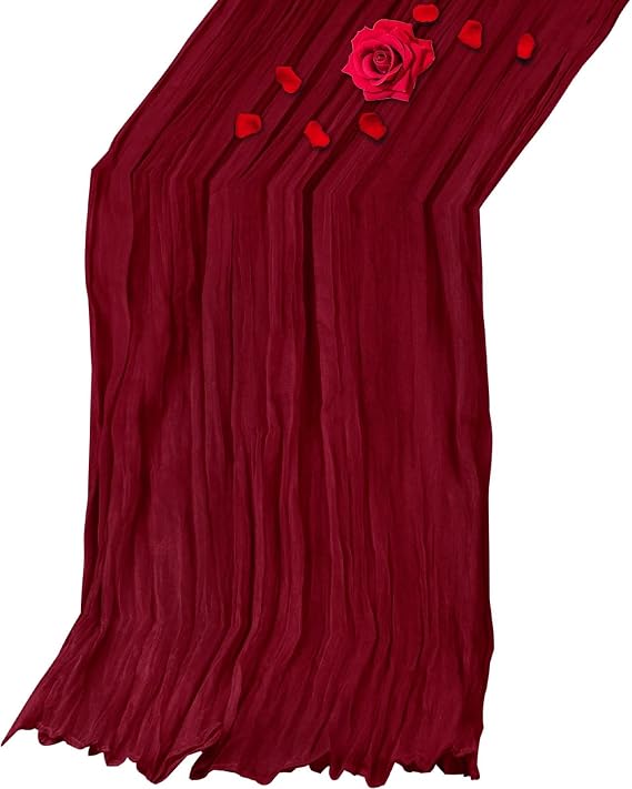 Cheesecloth Table Runner 35×118inch Boho Burgundy Winkled Gauze Table Runner Long Romantic Sheer for Dating Wedding Banquet Party Dinner Decoration (Burgundy)