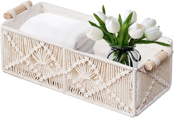 Boho Macrame Storage Baskets Decor Box, Hand-Woven Decorative Box, Boho Decorative Storage Basket, Braided Gift Basket, Toilet Paper Storage/Bedroom Bathroom Storage Box