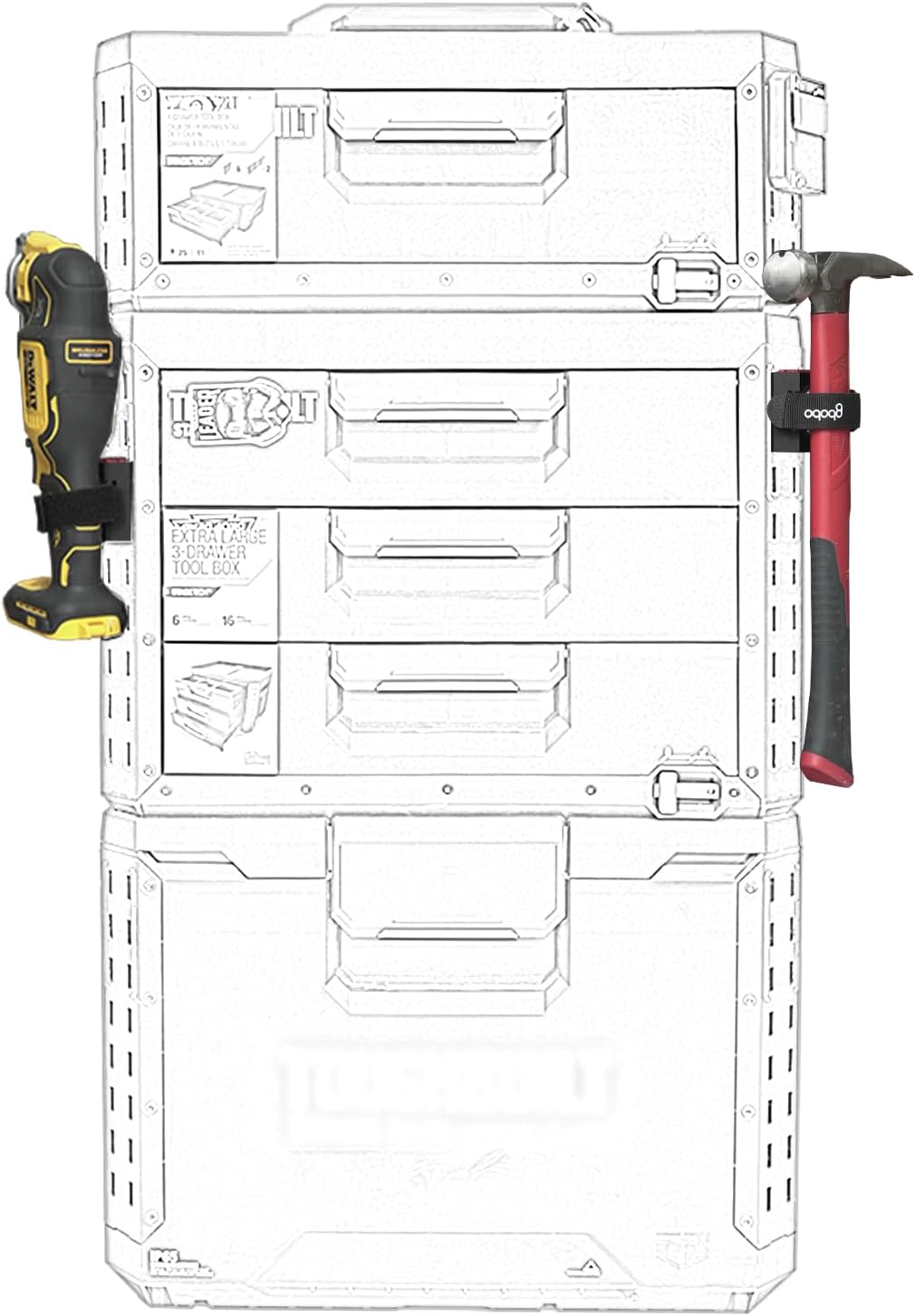 Long Handle Tool Holder Compatible with ToughBuilt StackTech Toolboxes, Rail-Mounted Adjustable Strap for Axe, Shovel, Extension Pole & Conduit Bender