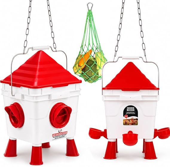 Chicken Feeder and Drinker Set for Hens, 6kg Automatic No Waste Poultry Feeder & 8.5L Drinker with Rainproof Hood, 4 Feeding Ports, Hanging Treat Net, Gravity Feeding System for Backyard Chicken Coops