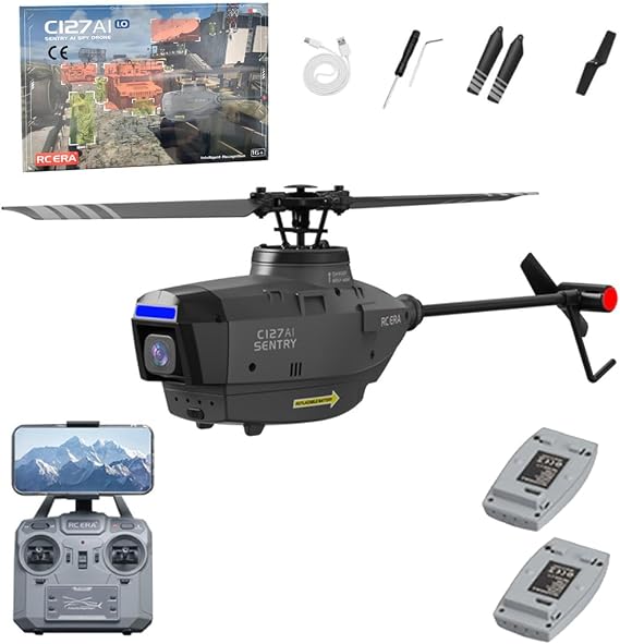 RC ERA C127AI RC Helicopter for Adults, Black Hornet 4CH Single-Rotor Brushless Motors Optical Flow Positioning, Altitude Hold RTF Military Aircraft