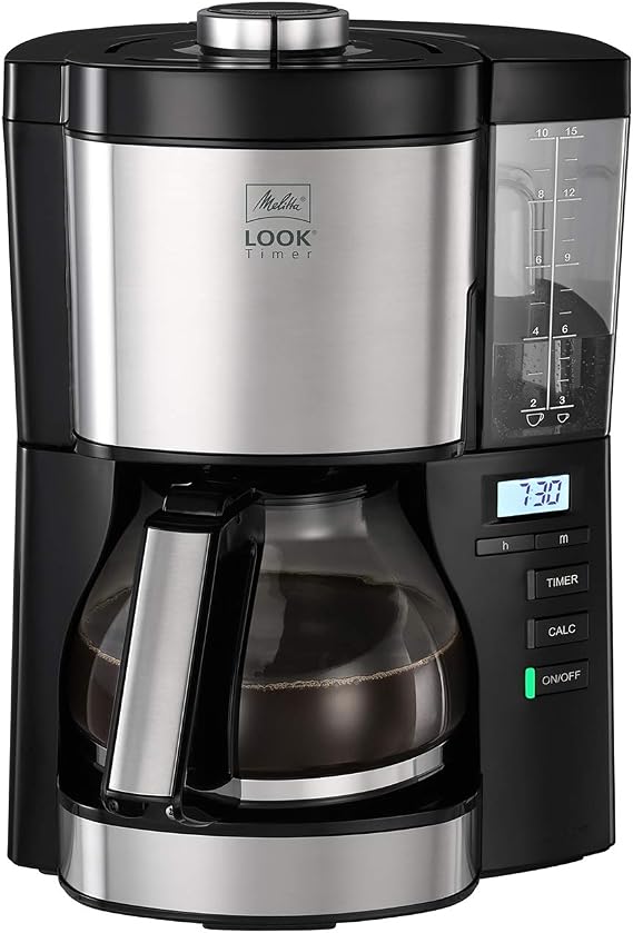 Melitta Look V Timer 1025-08, Drip Coffee Maker, AromaSelector, Modern, Programmable Coffee Maker, Removable Water Tank, 3-in-1 Anti Limescale Protection, 1.25 Liters, 10 Cups, 1x4 Filters, 1080W, Black