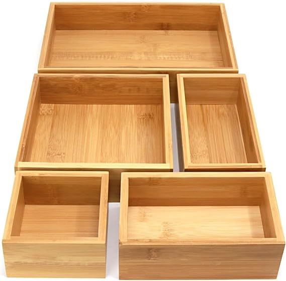 Bamboo Drawer Organiser Set of 5, Stationary Desk Organiser Drawers